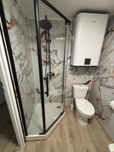 a bathroom with a shower and a toilet at Glamping Bieszczadzki Amor in Zawóz +11 photos