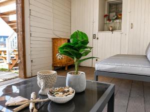 a table with a potted plant on a patio at Le Pignon Douillet in Sainte-Anne-des-Monts