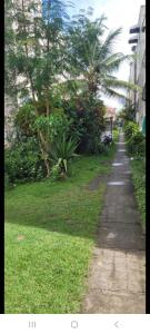 a sidewalk next to a yard with trees and grass at Joy Apartamento completo in Salvador