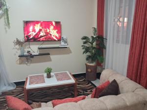 a living room with a couch and a tv on a wall at Shalom - Stays in Voi