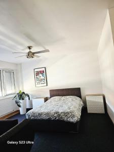 a bedroom with a bed and a ceiling fan at Suite Studio Moderne Quartier du Flon in Lausanne