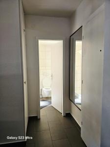 a bathroom with a toilet and a mirror at Suite Studio Moderne Quartier du Flon in Lausanne
