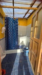a bathroom with a toilet and a blue shower curtain at Moon Garden House in Pisac