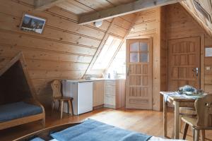 a kitchen with a refrigerator and a table in a room at Willa Rohacze in Kościelisko