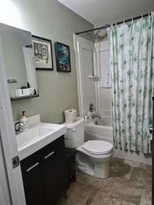 a bathroom with a toilet and a sink and a shower at Home Sweet Home in Red Deer +7 photos