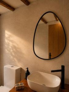 a bathroom with a white sink and a mirror at Casa do Moinho da Insua in Várzea Cova
