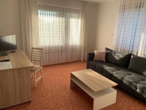a living room with a black couch and a tv at Pension Panorama in Hitzacker
