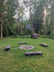 a park with benches and a fire pit in the grass at Osīšu Priežu māja in Ķesterciems +2 photos