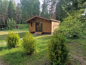 a small cabin in the middle of a field at Osīšu Priežu māja in Ķesterciems