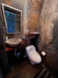a bathroom with a toilet and a sink and a mirror at Green TinyHome 1 in Uvita +9 photos