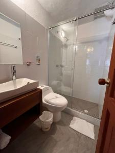 a bathroom with a shower and a toilet and a sink at Hotel Villa Macondo in Villa de Leyva