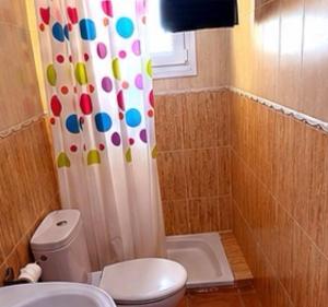 a bathroom with a toilet and a shower curtain at Apartamentos Las Fuentes in Labajos