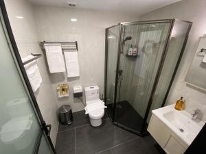 a bathroom with a shower and a toilet and a sink at Hotel A&M Mostoles-Alcorcon-M506 in Alcorcón