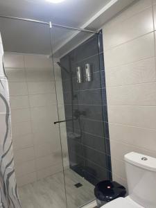 a glass shower in a bathroom with a toilet at Дача у моря-2 in Vapnyarka +2 photos
