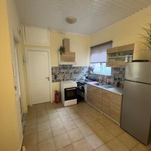 a kitchen with a refrigerator and a stove top oven at Saint Giovanni House in Kharokopión +14 photos
