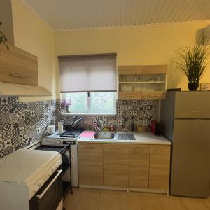 a small kitchen with a sink and a refrigerator at Saint Giovanni House in Kharokopión