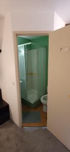 a bathroom with a glass shower and a toilet at Class-Hôtel in Poitiers