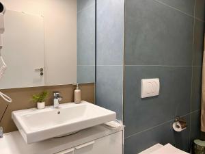 a bathroom with a sink and a mirror at V'One - Cozy & Quiet Apartment - Free Parking in Timişoara