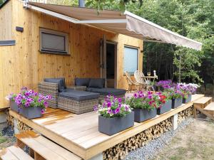 a wooden deck with pots of flowers on it at Maringotka Na mezi in Maršovice +8 photos