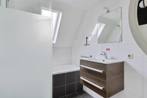 a bathroom with a sink and a mirror and a tub at Vijverzicht de Goudkarper 154 in Gramsbergen +16 photos