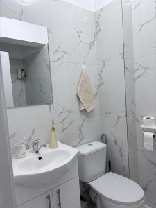a white bathroom with a toilet and a sink at Bella Home Residence in Roşu