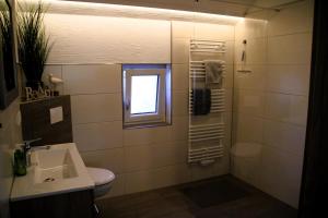 a bathroom with a sink and a toilet and a window at Apartment -Zur Oehla in Ilmenau
