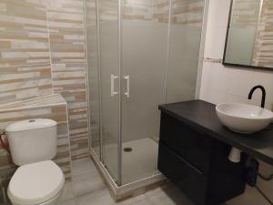 a bathroom with a shower and a toilet and a sink at Renovated studio in Le Crès in Le Crès