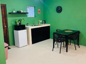 a kitchen with a table and a sink and green walls at sol appartement 3 in Willemstad