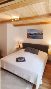 a bedroom with a white bed with a painting on the wall at Haus am Seebach Leutasch Weidach in Leutasch
