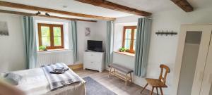 a bedroom with a bed and a tv and a chair at Haus am Seebach Leutasch Weidach in Leutasch