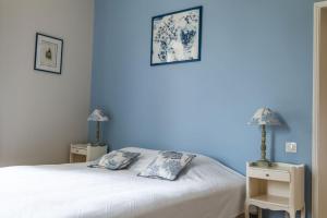 a blue bedroom with a bed and two pictures on the wall at Gîte de LA CHESNAYE in Cerelles +45 photos