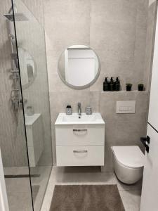 a bathroom with a sink and a toilet and a mirror at Piatra Studio Garden in Piatra Neamţ +4 photos