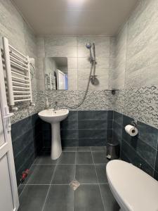 a bathroom with a sink and a shower and a toilet at Villa Kazbegi in Tkarsheti +56 photos