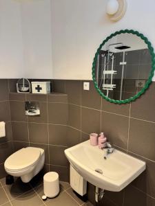a bathroom with a sink and a toilet and a mirror at Wohnen am Prenzlauer Tor in Pasewalk
