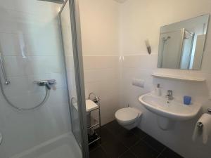 a bathroom with a toilet and a sink and a shower at Petite Bellevue II in Baden-Baden