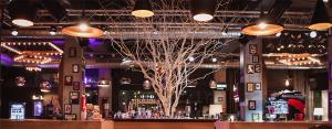 a bar with a tree in the middle of a room at Sergio City Apartments in Craiova