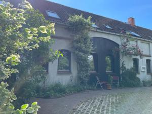 a white house with a bunch of plants on it at Zimmervermietung Tramm 