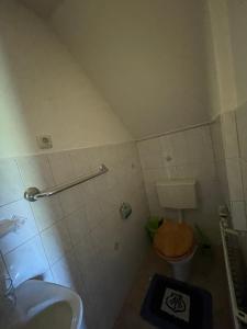 a small bathroom with a toilet and a sink at Zimmervermietung Tramm 