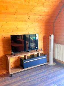 a living room with a tv on a wooden wall at Cottage Orion in Sakramulo