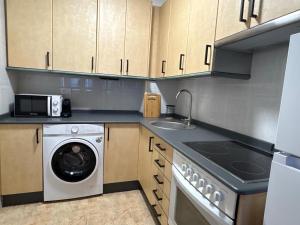 a kitchen with a washing machine and a sink at Alma de Lemos - Apartamento Ribeira Sacra in Monforte de Lemos