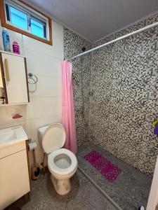 a bathroom with a toilet and a shower at My Ideal in Balneario Argentino +8 photos