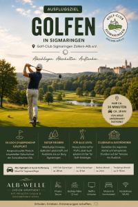 a flyer for a golf course with a man holding a golf ball at Alb-Welle I Design-Apartment mit privater Sauna & Badkap-Nähe in Albstadt