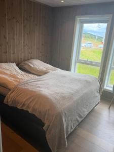 a bed in a bedroom with a large window at Bualie leilighet in Gol