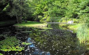 a bridge over a river with lilies in the water at hote lw des cantons in Weedon-Centre