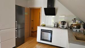 a kitchen with white cabinets and a stainless steel refrigerator at Tang Guesthouse in Medvode