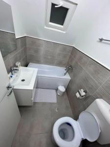 a bathroom with a toilet and a tub and a sink at Achim-House in Beiuş