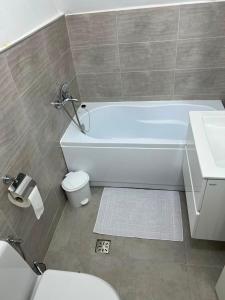 a bathroom with a tub and a toilet and a sink at Achim-House in Beiuş +2 photos