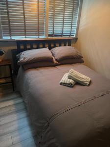a bed in a bedroom with two pillows and a window at The workshop in King's Lynn