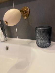 a bathroom sink with a light on top of it at Le cottage à la glycine - Maison de charme au cœur des gorges de la Loire in Chambles +65 photos