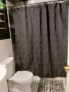 a bathroom with a toilet and a shower curtain at LAKEFRONT CHALET in THE BURCHES in Tobyhanna +27 photos
